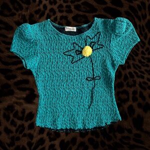 Vintage Black + Teal Floral Embroidered Top